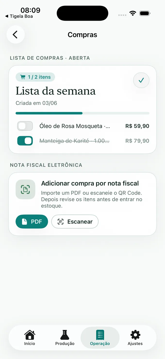 Tela de compras e nota fiscal