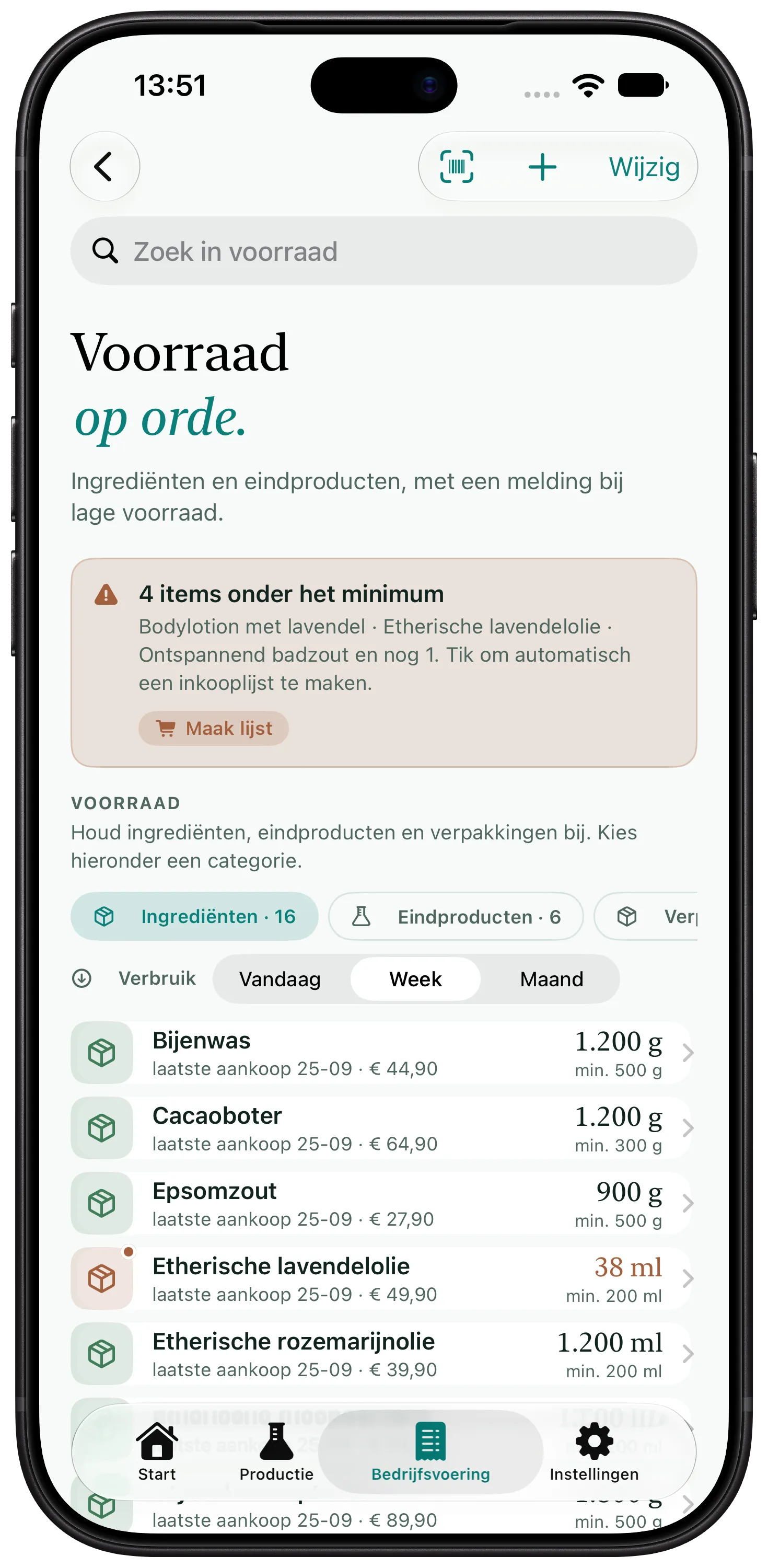 Scherm van Artisan View met de voorraad grondstoffen en een melding voor artikelen onder de minimumvoorraad