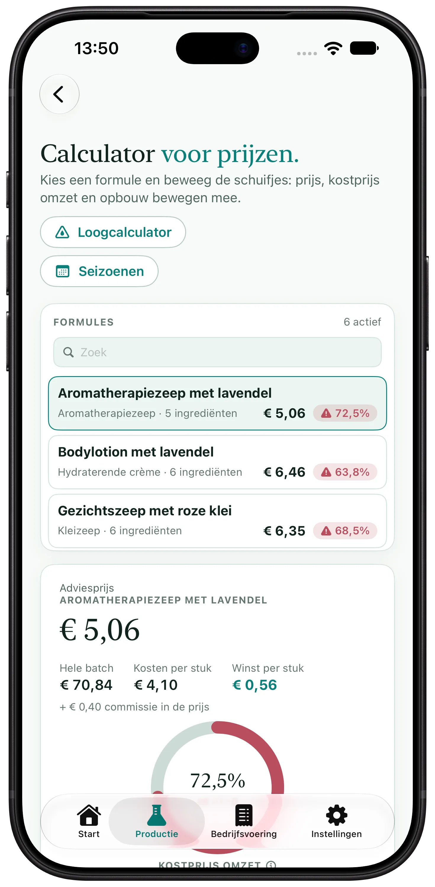 Prijscalculator van Artisan View met kostprijs per stuk, voorgestelde verkoopprijs, winst en marge