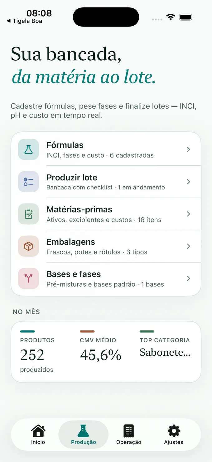 Tela de produção de lotes