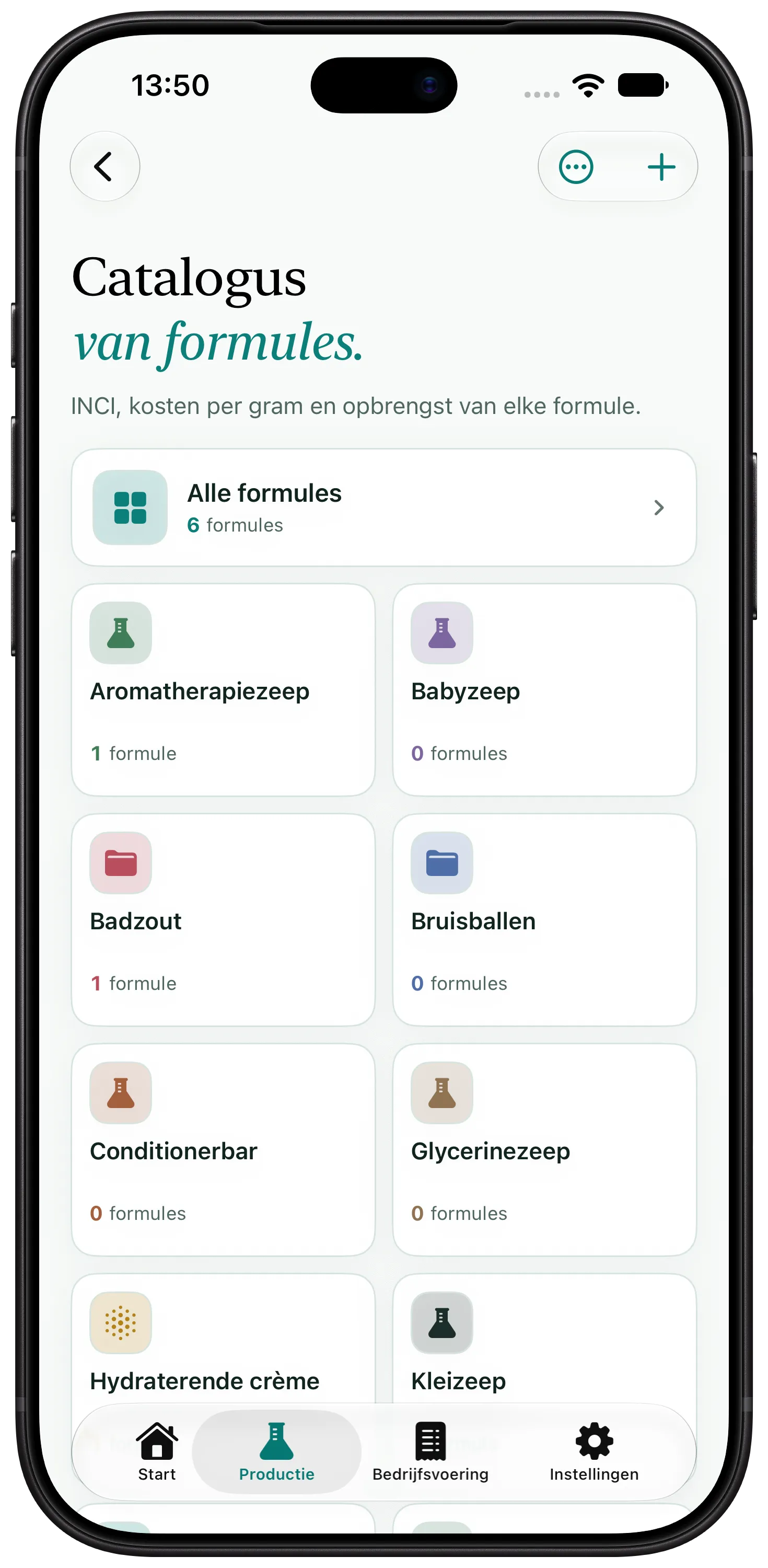 Scherm van Artisan View met recepten en recepturen voor cosmetica