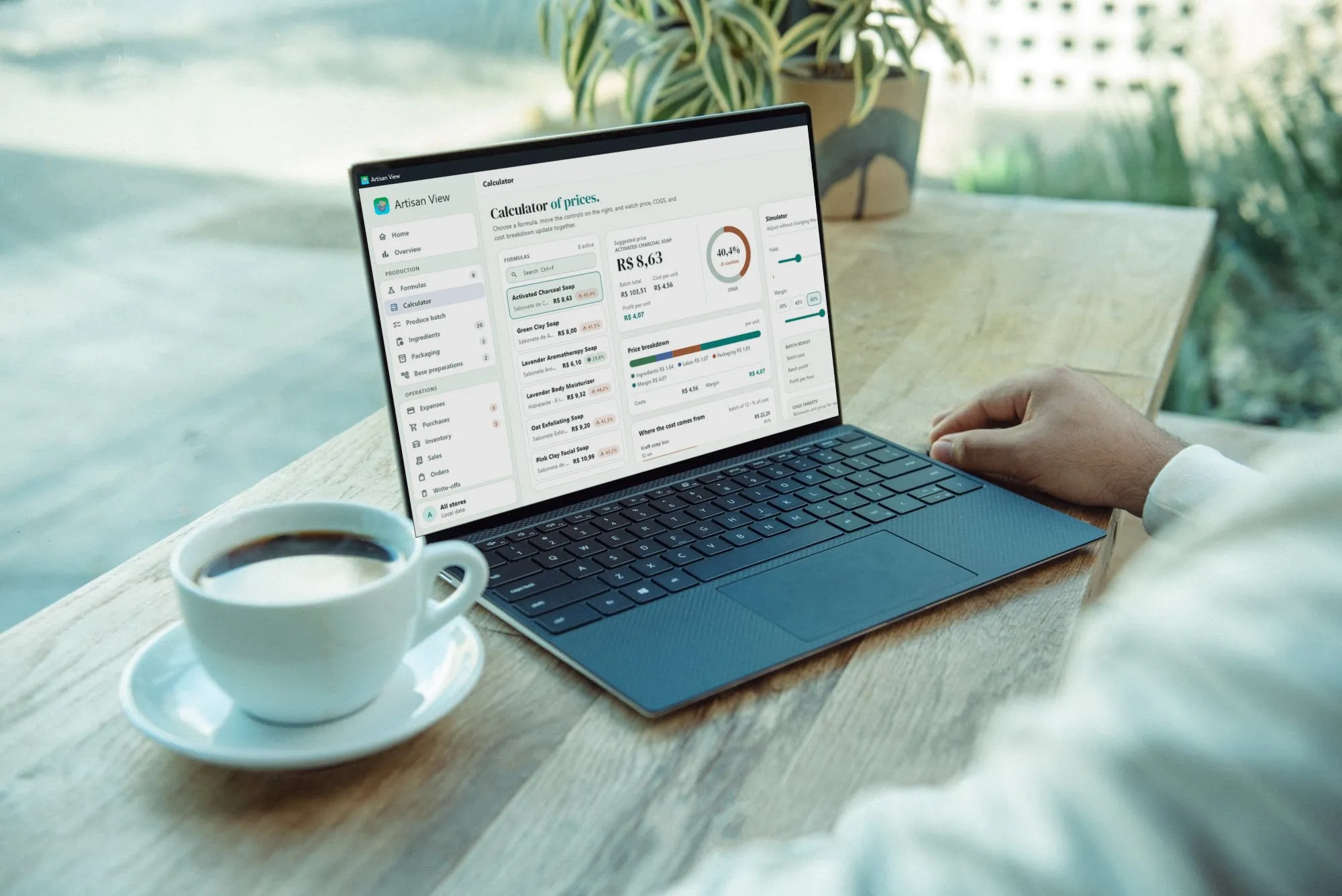 Artisan View geopend op een Windows-laptop, met de prijscalculator