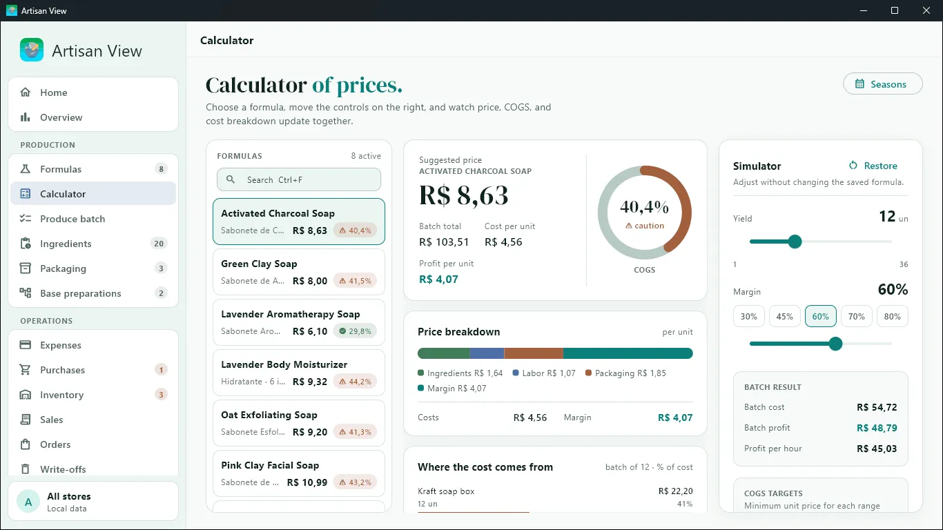 Prijscalculator van Artisan View op Windows, met kostprijs verkochte goederen en een margesimulator