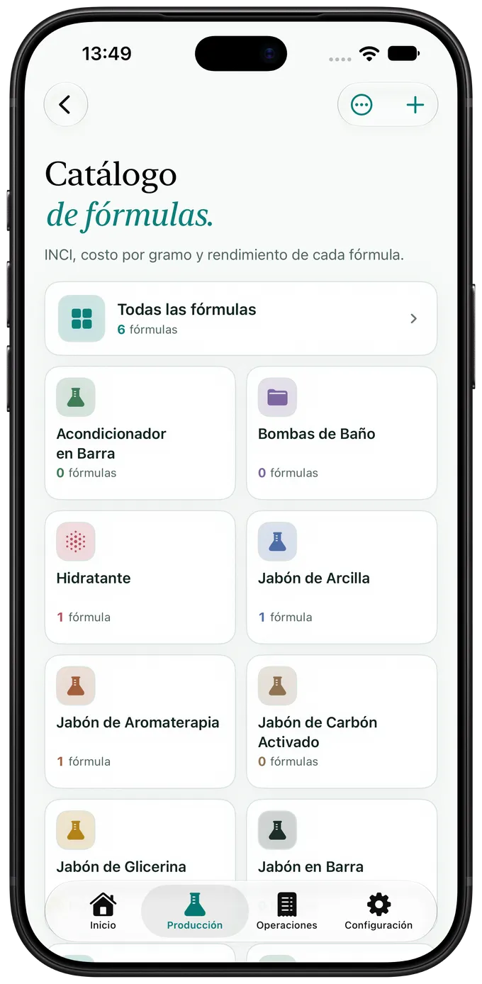 Pantalla de fórmulas de Artisan View con jabones, cremas y shampoos sólidos ya registrados