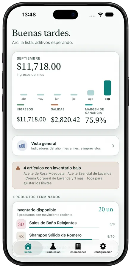Pantalla inicial de Artisan View en español, con ingresos, margen e inventario
