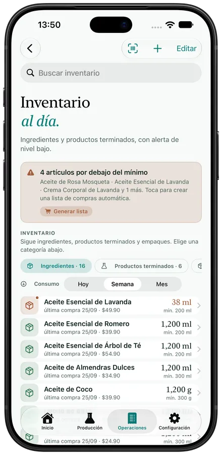 Inventario de ingredientes y productos terminados en Artisan View