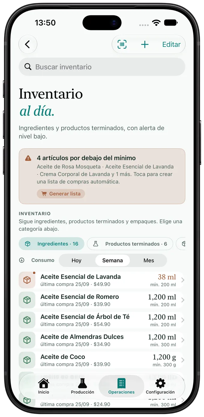 Pantalla de inventario de Artisan View con ingredientes por debajo de su nivel mínimo