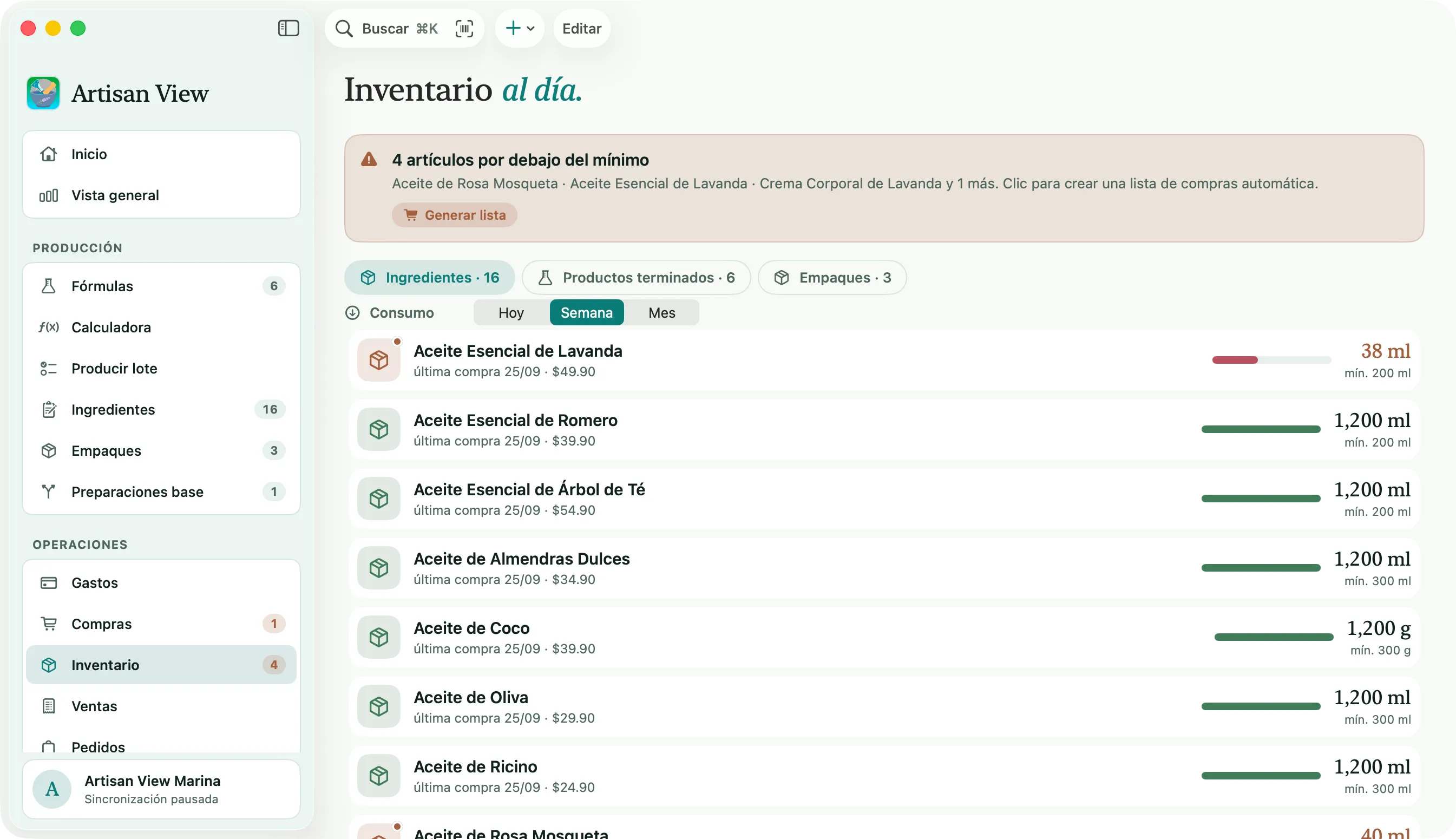 Inventario de Artisan View en Mac, en español
