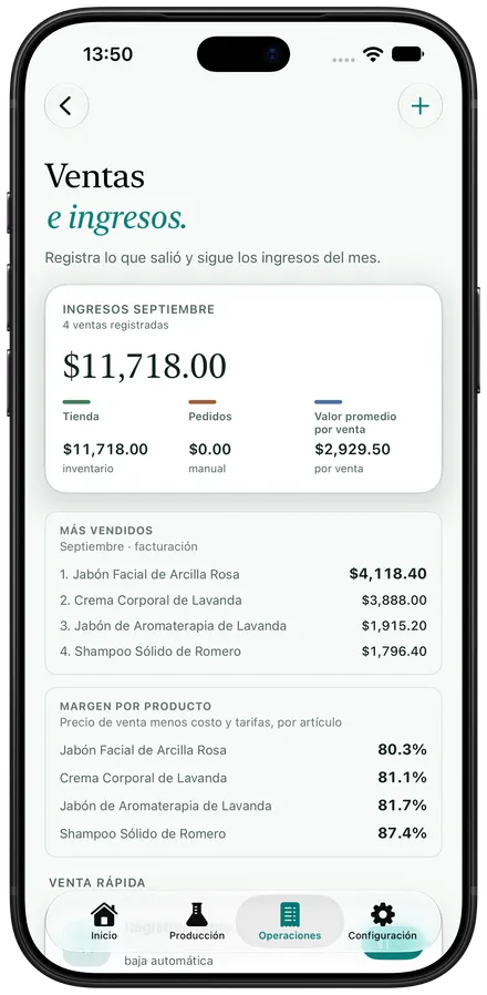 Pantalla de ventas de Artisan View en español